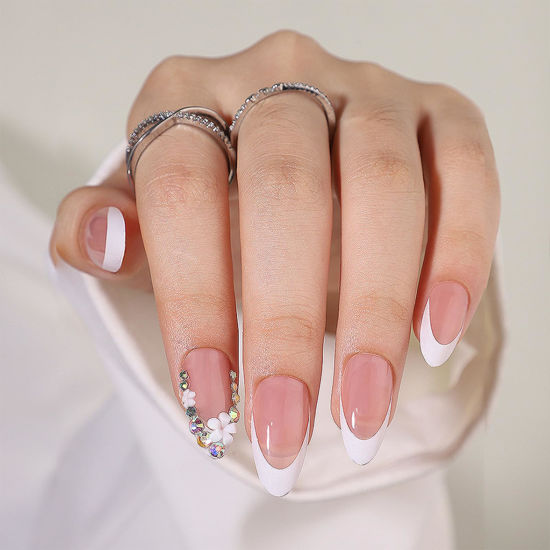 Picture of French Tip Press on Nails Almond Short Fake Nails Flower False Nails with Designs Rhinestones Glossy Full Cover Acrylic Glue on Nails Cute Artificial Stick on Nails for Women Manicure 24Pcs