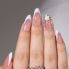 Picture of French Tip Press on Nails Almond Short Fake Nails Flower False Nails with Designs Rhinestones Glossy Full Cover Acrylic Glue on Nails Cute Artificial Stick on Nails for Women Manicure 24Pcs