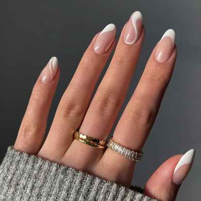 Picture of White French Tip Press on Nails Medium Almond Fake Nails Nude False Nails Press ons with Swirl Wave Line Designs Glossy Full Cover Glue on Nails Acrylic Stick on Nails for Women Manicure 24Pcs