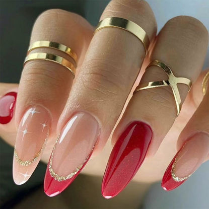 Picture of Red Press on Nails Medium Almond Fake Nails with Designs French Tip False Nails Press ons Gold Glitter Glossy Full Cover Glue on Nails Acrylic Artificial Cute Stick on Nails for Women Manicure 24Pcs