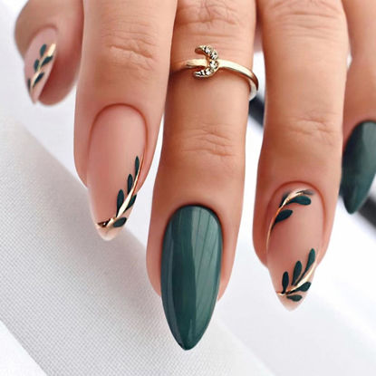 Picture of Green Press on Nails Medium Almond Fake Nails with Designs Leaf Gold Line False Nails Press ons Glossy Full Cover Glue on Nails Cute Acrylic Nails Artificial Stick on Nails for Women 24 Pcs