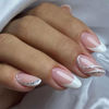 Picture of White French Tip Press on Nails Almond Medium Fake Nails Pink False Nails with Glitter Swirl Design Glossy Full Cover Acrylic Glue on Nails Artificial Stick on Nails for Women Manicure 24Pcs