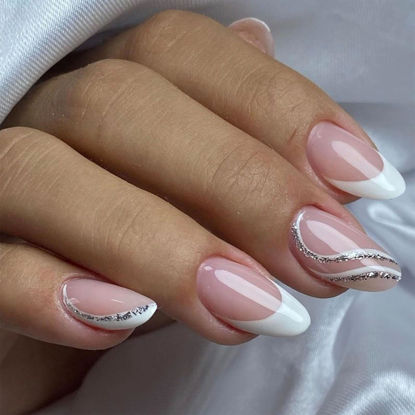 Picture of White French Tip Press on Nails Almond Medium Fake Nails Pink False Nails with Glitter Swirl Design Glossy Full Cover Acrylic Glue on Nails Artificial Stick on Nails for Women Manicure 24Pcs