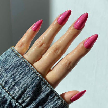Picture of Hot Pink Press on Nails Medium Almond Fake Nails Glitter False Nails with Sparkle Design Glossy Full Cover Acrylic Glue on Nails Cute Artificial Stick on Nails for Women Manicure 24Pcs
