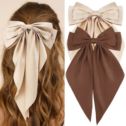 Picture of Atoden Hair Bows Silky Satin Bows for Hair Ribbons 2Pcs Coquette Oversized Long Tail Hair Bow Clips Barrettes Big Bowknot Hair Accessories for Women Girl Trendy Stuff Gifts (Khaki Brown)