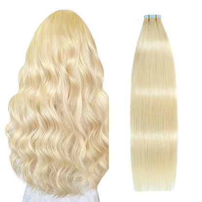 Picture of SUYYA Tape in Hair Extensions Human Hair Bleach Blonde 40g/pack 20pcs Straight Seamless Skin Weft Tape in Real Human Hair Extensions(12inch 613# Bleach Blonde)