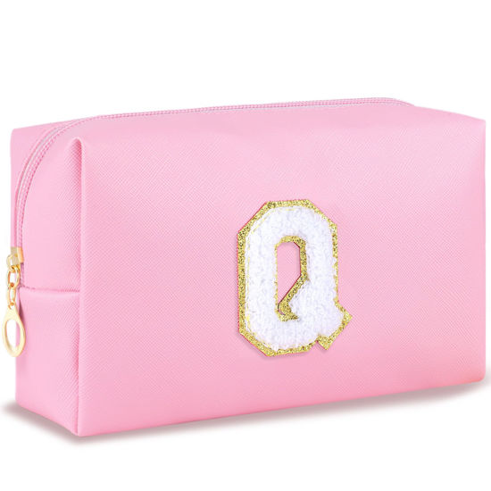 Picture of URSKYTOUS Initial Makeup Bag Personalized Preppy Travel Small Cosmetic Bag Cute PU Pink Chenille Letter Makeup Pouch for Purse Waterproof Zippered Toiletry Organizer for Women Girls Kids Friends (Q)