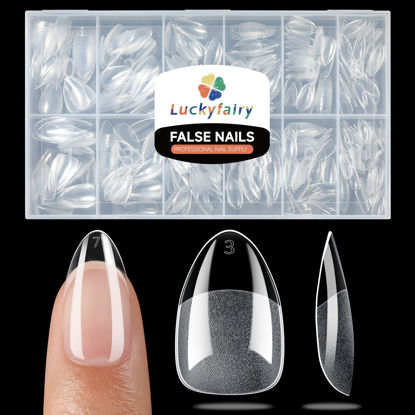 Picture of Luckyfairy Short Almond Fake Nails, 504pcs Soft Gel Pre-Shaped Acrylic Nail Tips, Half Matte Full Cover Clear Gelly Press on Flase Nail Tips for Extension Nail Manicure Home DIY 12 Sizes Gelly Tips