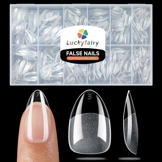 Picture of Luckyfairy Short Almond Fake Nails, 504pcs Soft Gel Pre-Shaped Acrylic Nail Tips, Half Matte Full Cover Clear Gelly Press on Flase Nail Tips for Extension Nail Manicure Home DIY 12 Sizes Gelly Tips
