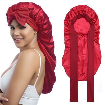 Picture of AWAYTR Long Satin Bonnet for Women - Double Layer Elastic Silk Bonnet for Braids Hair Sleeping Cap with Tie Band (Wine Red)