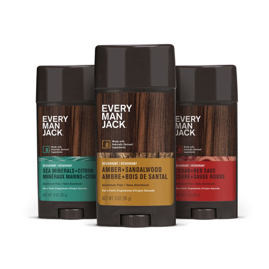 Picture of Every Man Jack Men's Deodorant Variety Set - Includes 3 Full-Sized Deodorant Sticks with Clean Ingredients & Incredible Scents - Cedar + Red Sage, Amber + Sandalwood, Sea Mineral + Citron Fragrances (3 Pack)