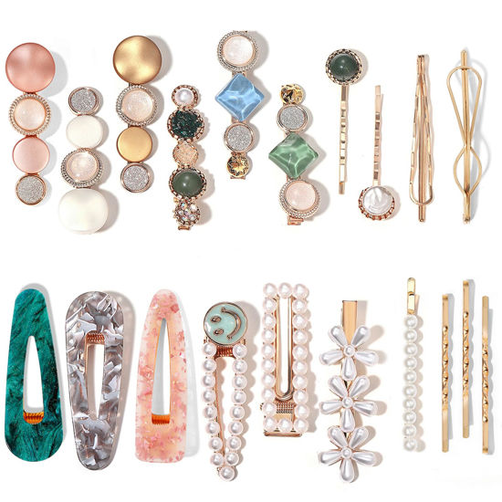 Picture of Mehayi 20 PCS Pearls and Acrylic Resin Hair Clips, Handmade Hair Barrettes, Marble Alligator bobby pins, Glitter Crystal Geometric Hairpin, Elegant Gold Hair Accessories, Gifts for Women Girls