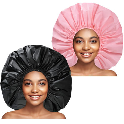 Picture of Extra Large Shower Cap 2 PCS Waterproof Shower Caps for Women, Super Jumbo Shower Cap, Reusable Super Large Bath Caps Hair Cap for Long Thick Curly Hair, Locs, Twist Braids - Black + Pink