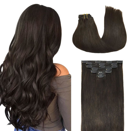 Picture of DOORES Hair Extensions Dark Brown 18 Inch 120g 7pcs Real Straight Remy Clip in Human Hair Extensions Thick