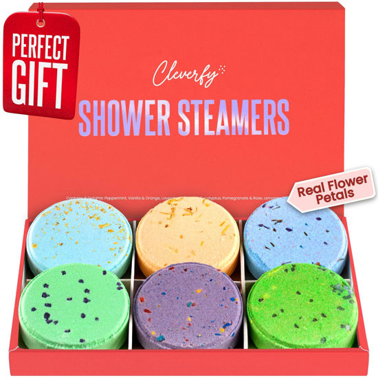 Picture of Cleverfy Shower Steamers Aromatherapy - Variety Pack of 6 Shower Bombs with Essential Oils. Self Care Birthday Gifts for Women and Valentines Day Gifts for Her and Him. Red Set