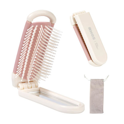 Picture of RHOS Folding Brush with Mirror for Women, Girls - Mini Hair Brush for Purse, Small Pocket Brush with Soft Nylon Bristles and Mirror for Travel (Beige)