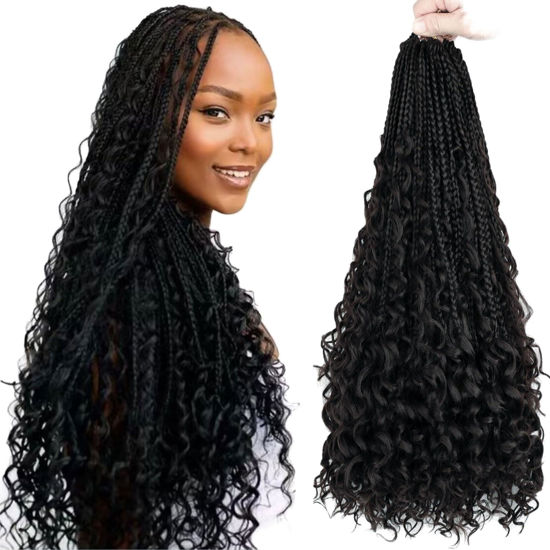 Picture of LMZIM 18 Inch 8 Packs Boho Box Braids Crochet Hair Bohemian Crochet Box Braids with Curly Ends Hippie Braids Braiding Hair Goddess Box Braids (18 inch, 2)