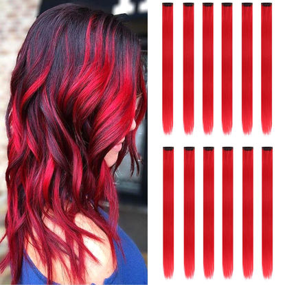 Picture of 12PCS Colored Red Hair Extensions Straight Multicolor Clip in Hair Extensions Colorful 20 Inch Rainbow Hair Extensions for Kids Women's Gifts Halloween Christmas Party Highlights (12pcs Red)