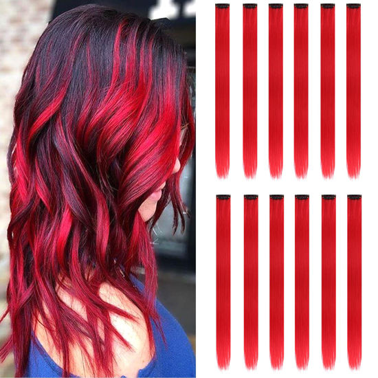 Picture of 12PCS Colored Red Hair Extensions Straight Multicolor Clip in Hair Extensions Colorful 20 Inch Rainbow Hair Extensions for Kids Women's Gifts Halloween Christmas Party Highlights (12pcs Red)