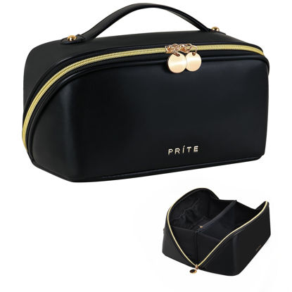 Picture of Prite Travel Cosmetic Bag Makeup Organizer Bag For Women Large Capacity Waterproof PU Leather Toiletry Bag with Handle and Clear Divider(Large Black)
