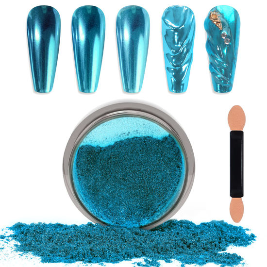 Picture of Laza Chrome Nail Powder Mirror Effect Metallic Dust Holographic Glitter Glazed Manicure Decoration Reflective Pigment for DIY Gel Polish Nail Art, Resin Craft, Gifts - Lake Blue