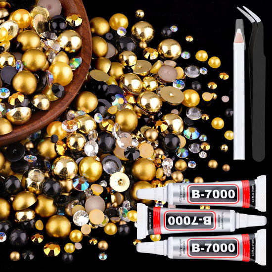 Picture of 80g Flatback Pearls and Rhinestones for Crafting, Golden Black 3-10mm Resin Rhinestones and Half Pearls for Bedazzling, Nail Art and Dec with 3pcs 10ml B7000 Jewelry Glue, Tweezer and Pickup Pencil