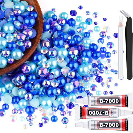 Picture of 80g Flatback Pearls and Rhinestones for Crafting, Dark Blue 3-10mm Resin Rhinestones and Half Pearls for Bedazzling, Nail Art and Dec with 3pcs 10ml B7000 Jewelry Glue, Tweezer and Pickup Pencil