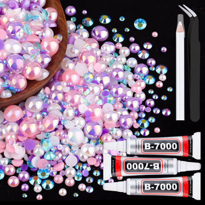Picture of 80g Flatback Pearls and Rhinestones for Crafting, Pink Purple 3-10mm Resin Rhinestones and Half Pearls for Bedazzling, Nail Art and Dec with 3pcs 10ml B7000 Jewelry Glue, Tweezer and Pickup Pencil