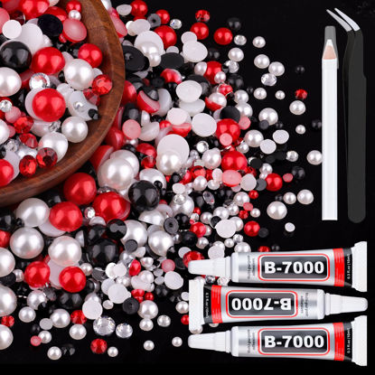 Picture of 80g Flatback Pearls and Rhinestones for Crafting, Red White Black 3-10mm Resin Rhinestones and Half Pearls for Bedazzling, Nail Art and Dec with 3pcs 10ml B7000 Jewelry Glue, Tweezer and Pickup Pencil