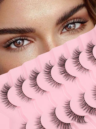 Picture of Eyelashes Natural Cat Eye Lashes 15mm Wispy Eyelashes Flared Fluffy Strip Lashes 0.1MM Thin Band False Eyelashes C Curl Lashes Siligli Eye Lashes Pack 7 Pair