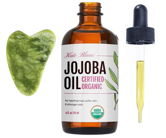 Picture of Kate Blanc Cosmetics Jojoba Oil for Hair Growth, Skin & Face with Gua Sha Stone Kit (4oz) Organic Facial Oil for Gua Sha Massage. 100% Pure & Natural Hair Oil