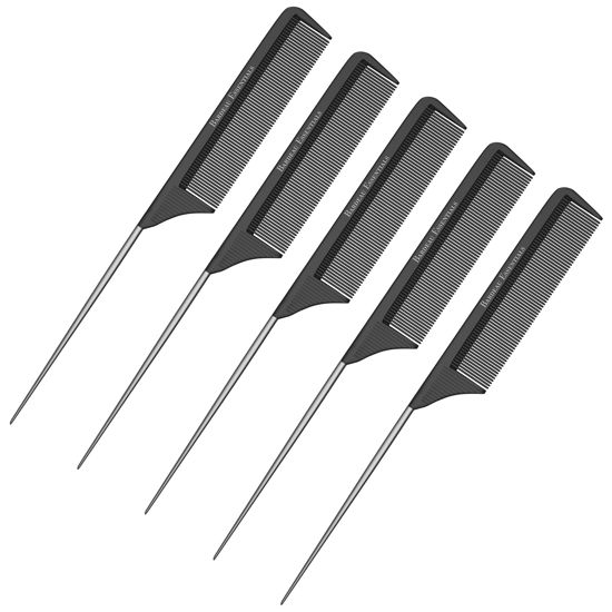 Picture of Bardeau Essentials, Professional 8.8 Inch Tail Comb (5 Pack) - Black Carbon Fiber And Stainless Steel Pintail - Chemical And Heat Resistant Teasing Comb - Lightweight Rat Tail Comb For All Hair Types