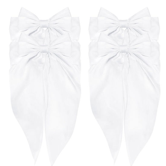 Picture of ATODEN White Hair Bows Silky Satin Hair Ribbons 4Pcs Oversized Long Tail Large Bow Hair Clips Bowknot Aesthetic Wedding Hair Accessories for Women Girls