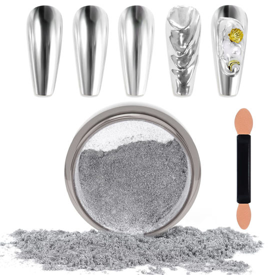 Picture of Laza Chrome Nail Powder Mirror Effect Metallic Dust Holographic Glitter Glazed Manicure Decoration Reflective Pigment for DIY Gel Polish Nail Art, Resin Craft, Gifts - Silver
