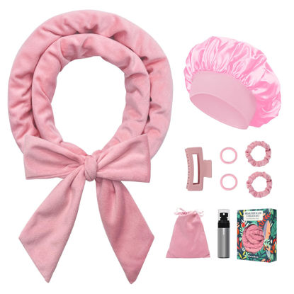 Picture of Gwabee No Heat Overnight Curl Headband, 70" Soft Ribbon Curl Wrap for Long Hair - 9 PCS Rods Set with Bonnet, Pink