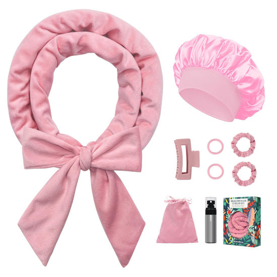 Picture of Gwabee No Heat Overnight Curl Headband, 70" Soft Ribbon Curl Wrap for Long Hair - 9 PCS Rods Set with Bonnet, Pink