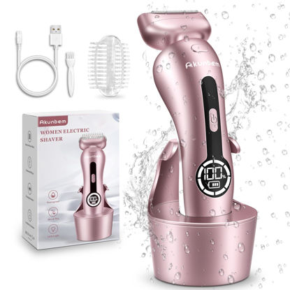 Picture of Akunbem Electric Shaver for Women for Legs Bikini Trimmer Electric Razors for Women Underarm Public Hairs Rechargeable Womens Shaver Wet Dry Use Painless Cordless with Detachable Head (Pink)