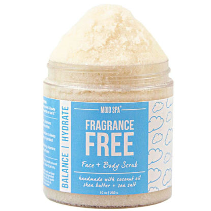 Picture of Mojo Spa Fragrance Free Face and Body Scrub | No Scent, Vegan Friendly | Moisturizing Sugar Based Exfoliator for Sensitive Skin | 10 oz