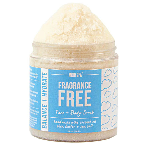 Picture of Mojo Spa Fragrance Free Face and Body Scrub | No Scent, Vegan Friendly | Moisturizing Sugar Based Exfoliator for Sensitive Skin | 10 oz