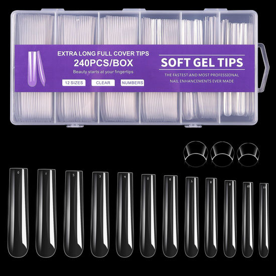 Picture of Cycullinyt 240Pcs Square Nail Tips, Long Square Press On Soft Gel x Nails, 12 Sizes Full Cover Acrylic False Nail Tips, for Beginner and Home Salon Diy