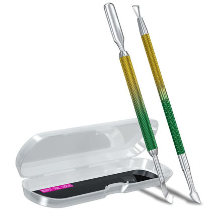Picture of 2PCS Metal Yellow-Green Gradient Cuticle Pusher and Cutter Remover Salon Quality Stainless Steel Gel Nail Polish Peeler Scraper Durable Manicure and Pedicure Cleaner Tool For Fingernail and Toenail