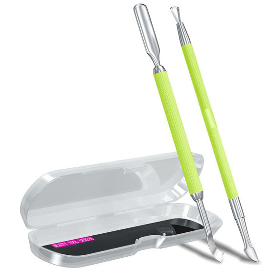Picture of 2PCS Metal Neon Green Cuticle Pusher and Cutter Remover Salon Quality Stainless Steel Gel Nail Polish Peeler Scraper Durable Manicure and Pedicure Cleaner Tool For Fingernail and Toenail
