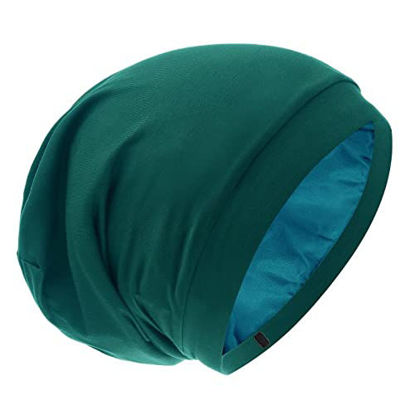Picture of Silk Satin Lined Bonnet Sleep Cap - Adjustable Stay on All Night Hair Wrap Cover Slouchy Beanie for Curly Hair Protection for Women and Men - Solid Forrest Green