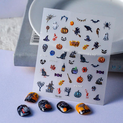 Picture of Halloween Nail Art Stickers 5D Embossed Ghost Cat Nail Stickers Skull Witch Pumpkin Spider Nail Decals for Women Girls Holiday Manicure DIY Nail Supplies