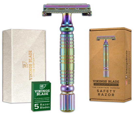 Picture of VIKINGS BLADE Double Edge Safety Razor + 5 Swedish Steel Blades + Luxury Case. Smooth, Reusable, Recyclable (Chieftain "Aurora")