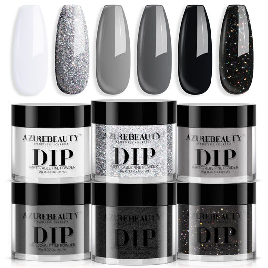 Picture of AZUREBEAUTY Dip Powder Nail Basic Set White Black Silver Grey Pure Sparkle 6 Colors All Seasons Dipping Powder Starter Kit French Nail Art Manicure DIY Salon for Women, No Need Nail Lamp Cured