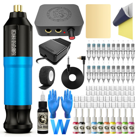 Picture of Tattoo Kit Wormhole Tattoo Gun Kit Tattoo Pen Kit Rotary Tattoo Machine Kit with Tattoo Power Supply and Tattoo Cartridge Needles Complete Tattoo Kit for Beginners (WTK093) Blue