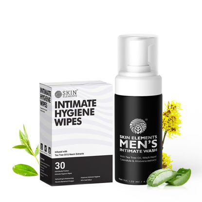 Picture of Skin Elements Intimate Hygiene Combo| Intimate Wash Men 120 ml+Intimate Wipes 30 Individual Sachets With Tea Tree & Neem Extracts - pH Balanced Foaming Wash Prevents Irritation & Bad Odor