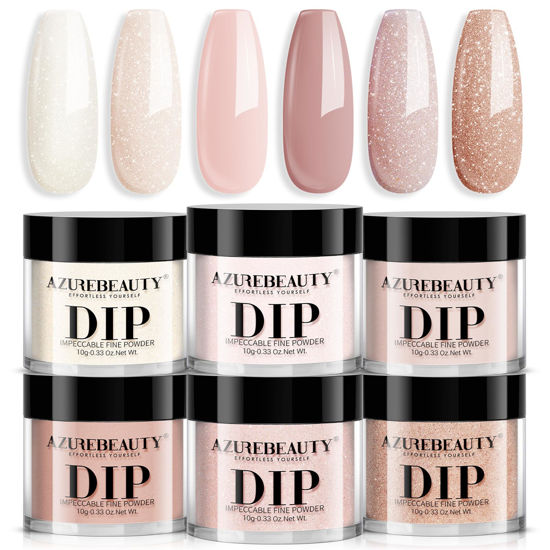 Picture of AZUREBEAUTY Dip Powder Nail Nude Set Light Pink Champagne Shimmery, All Seasons 6 Colors Dipping Powder Starter Kit French Nail Art Manicure DIY Salon for Women, No Need Nail Lamp Cured
