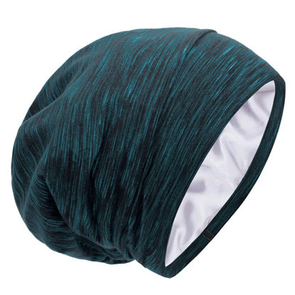 Picture of Silk Satin Lined Bonnet Sleep Cap - Adjustable Stay on All Night Hair Wrap Cover Slouchy Beanie for Curly Hair Protection for Women and Men - Heather Lake Blue
